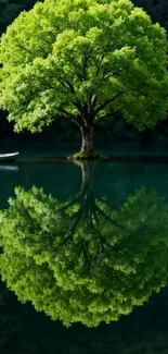 Lush green tree reflecting on a tranquil lake.