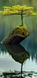 Serene tree reflecting on a tranquil lake with green and blue hues.