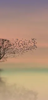 Tree silhouette with birds at sunset in pastel colors.