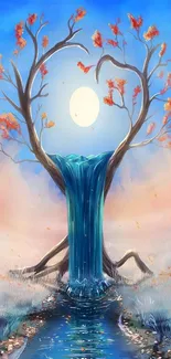 Serene tree waterfall art with autumn leaves and a glowing moon.