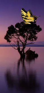 Purple sunset with tree and butterfly silhouette wallpaper.