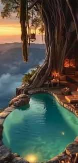 Serene treehouse pool with sunset view