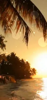 Tropical beach at sunset with palm trees and golden skies by the ocean.