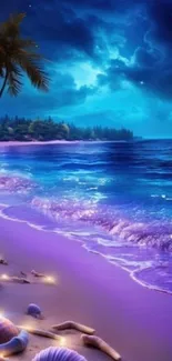 Tranquil tropical beach at night with purple sand and ocean waves under a starry sky.