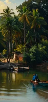 Serene tropical scene with a boat and palm trees.