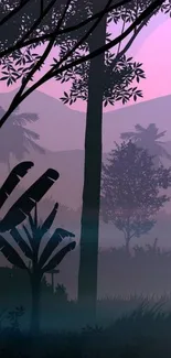 Tropical forest silhouette with pink sky.