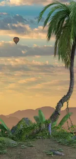 Tropical landscape with palm trees and a hot air balloon at sunset for mobile wallpaper.