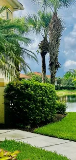 Tropical landscape with palm trees and green lawn under a bright blue sky.