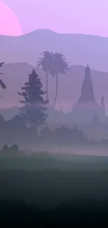 Misty tropical landscape with purple hues.