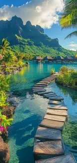 Vibrant tropical paradise pathway with lush greenery and clear blue water.