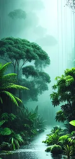 Serene tropical rainforest with lush greenery and a gentle stream.