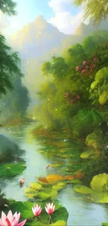 Serene tropical river with lush greenery and lily pads in a peaceful setting.