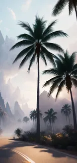 Scenic tropical road with palm trees and mountains in evening light.