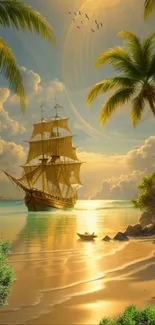 Tropical wallpaper with ship, beach, and palm trees in golden sunset.