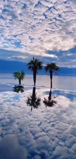 Tropical palm trees reflected in calm water under a cloud-filled sky.