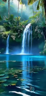Serene tropical waterfall in lush jungle setting.