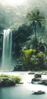 Lush tropical waterfall in a serene forest setting with vibrant green foliage.