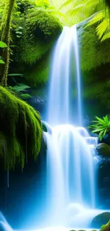 Serene tropical waterfall amidst lush greenery, perfect for phone wallpaper.