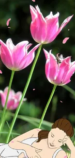 Pink tulips and serene digital art illustration.