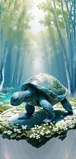 Turtle walking serenely in a mystical forest setting with lush greens and blues.