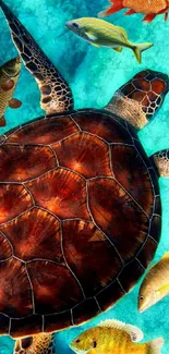 Majestic turtle swimming with fish in vibrant turquoise ocean.