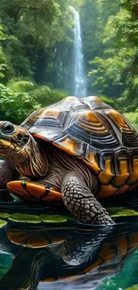 Turtle resting by a vibrant waterfall in a lush, green environment.