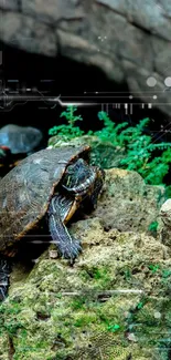 Turtle resting on rocks with green foliage in a serene setting.