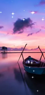 Lone boat on twilight sea with pink sky and sparkling stars.