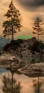 Serene lake with lightning and trees reflecting in water.