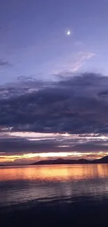 Serene twilight over water with calm reflections and darkening sky.