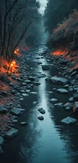 Calm twilight river with glowing lights and rocks, set in a tranquil nature scene.