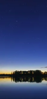 Twilight sky with stars reflecting on a calm lake.