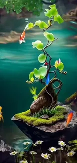 Bonsai tree and fish in tranquil teal water.