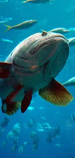 A captivating underwater scene featuring a large fish swimming among a school of fish.