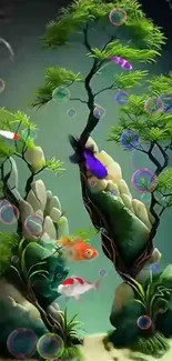 Underwater art with fish, trees, and bubbles.