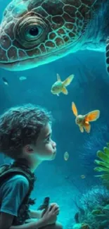 A serene underwater scene with a boy and a sea turtle.