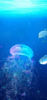 Underwater scene with jellyfish and fish in blue ocean depths.