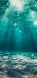 Underwater ocean scene with sun rays penetrating the surface, showcasing ocean floor.