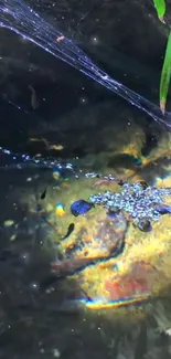 Vibrant underwater scene with aquatic plants and reflective water surface.