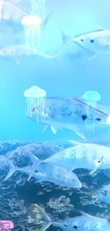 Underwater scene with fish and jellyfish in a serene ocean setting.