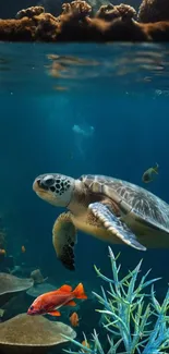 Sea turtle swims with fish in vibrant underwater landscape.