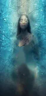 Ethereal underwater woman exuding serenity in blue tones.