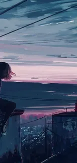 Girl on rooftop overlooking a city at dusk with twilight hues.