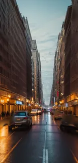 Urban street at dusk with glowing lights and evening ambiance.