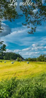 Serene valley landscape with blue skies and lush fields.