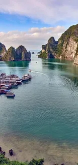 Mobile wallpaper of a serene bay in Vietnam with lush greenery and tranquil waters.