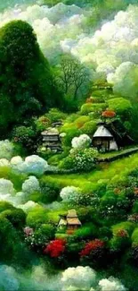 Serene village in lush green landscape with clouds.