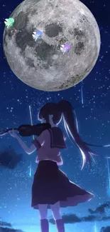 Anime girl plays violin under a full moon with shooting stars.