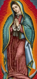 Vibrant Virgin Mary wallpaper with teal, red, and artful details.