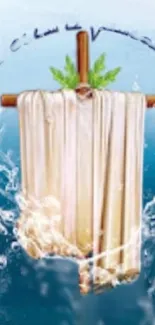 Mobile wallpaper featuring a cross draped in cloth over a blue water background.